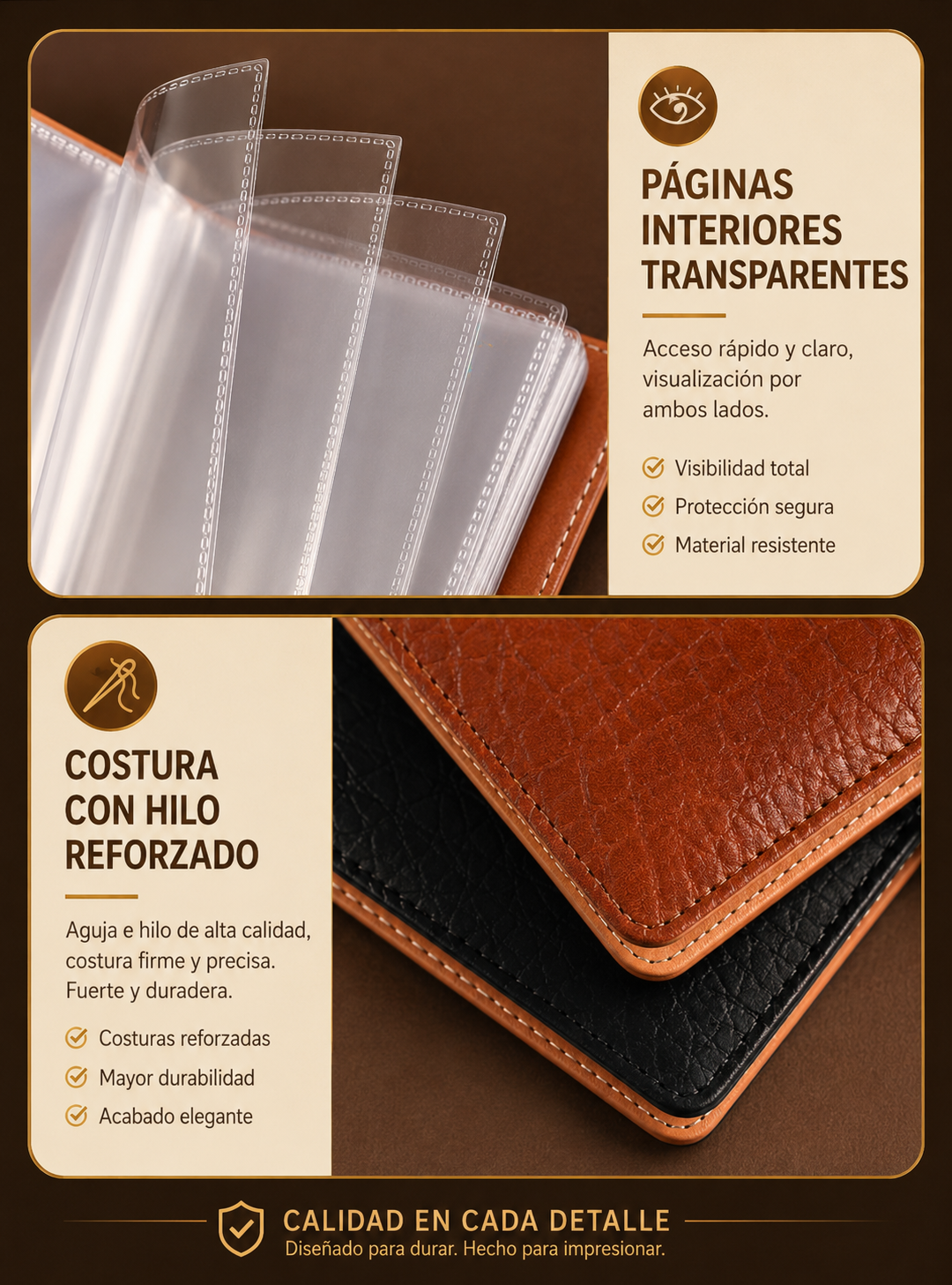 Páginas interiores transparentes y costura reforzada